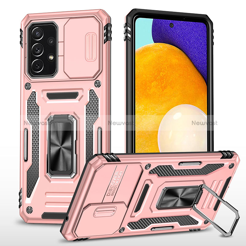 Silicone Matte Finish and Plastic Back Cover Case with Magnetic Finger Ring Stand MQ4 for Samsung Galaxy A52 4G Rose Gold