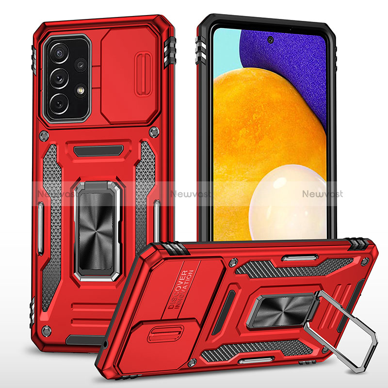 Silicone Matte Finish and Plastic Back Cover Case with Magnetic Finger Ring Stand MQ4 for Samsung Galaxy A52 5G Red