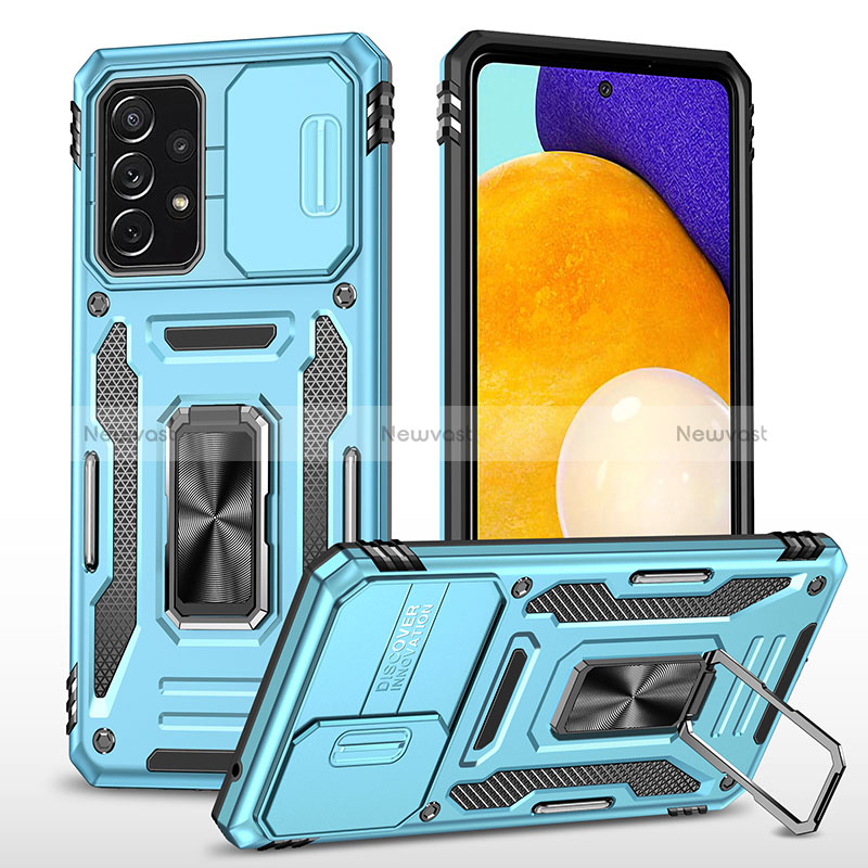 Silicone Matte Finish and Plastic Back Cover Case with Magnetic Finger Ring Stand MQ4 for Samsung Galaxy A52 5G Sky Blue