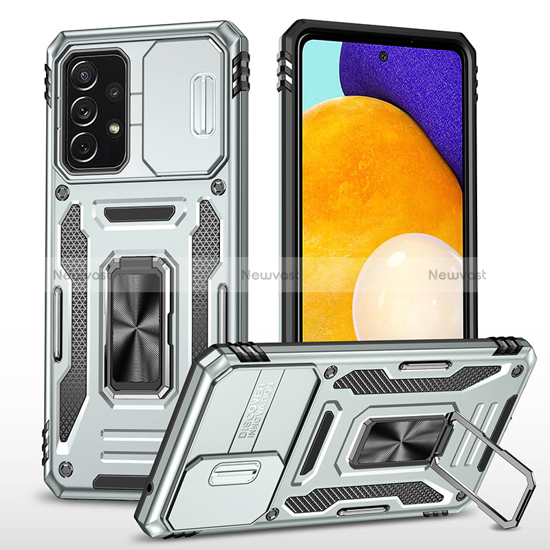 Silicone Matte Finish and Plastic Back Cover Case with Magnetic Finger Ring Stand MQ4 for Samsung Galaxy A52s 5G Silver