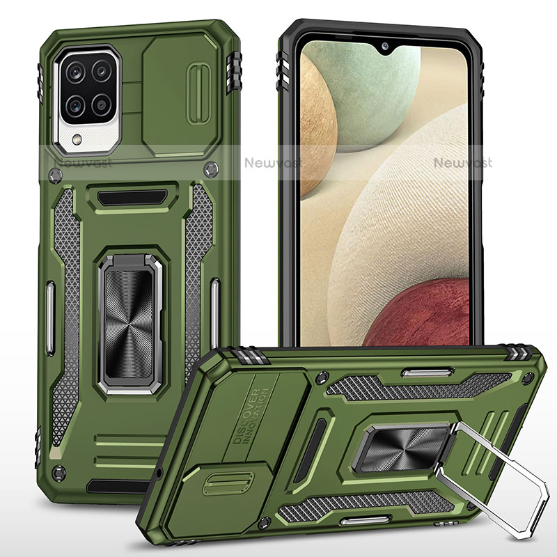 Silicone Matte Finish and Plastic Back Cover Case with Magnetic Finger Ring Stand MQ4 for Samsung Galaxy F12 Green