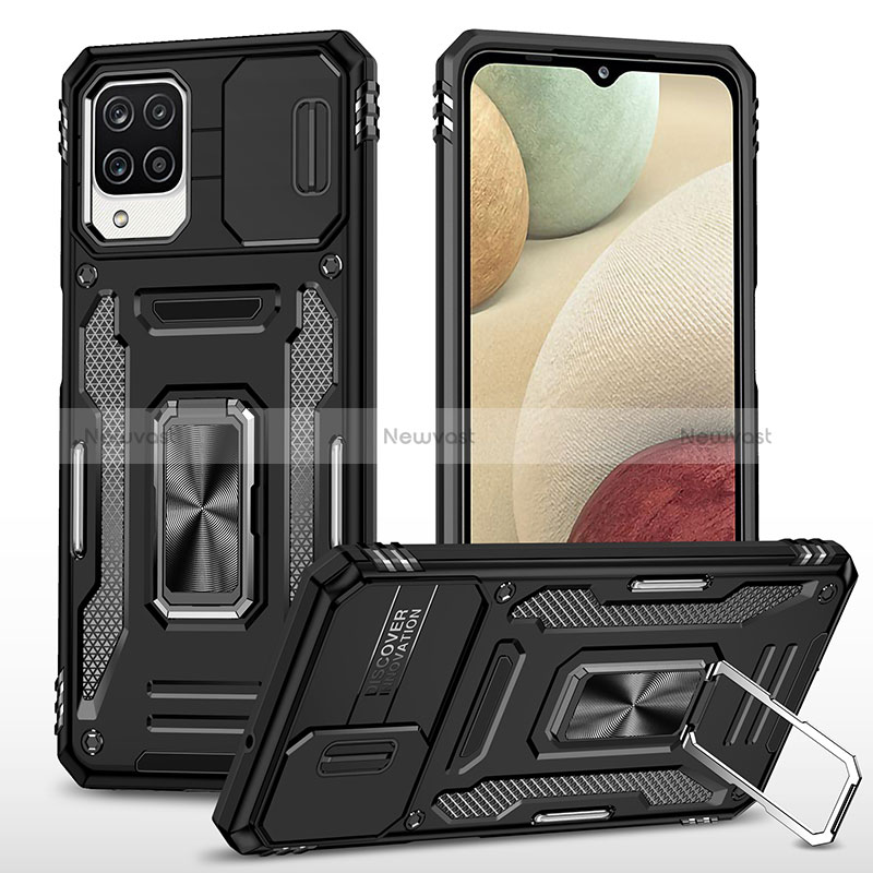 Silicone Matte Finish and Plastic Back Cover Case with Magnetic Finger Ring Stand MQ4 for Samsung Galaxy M12 Black