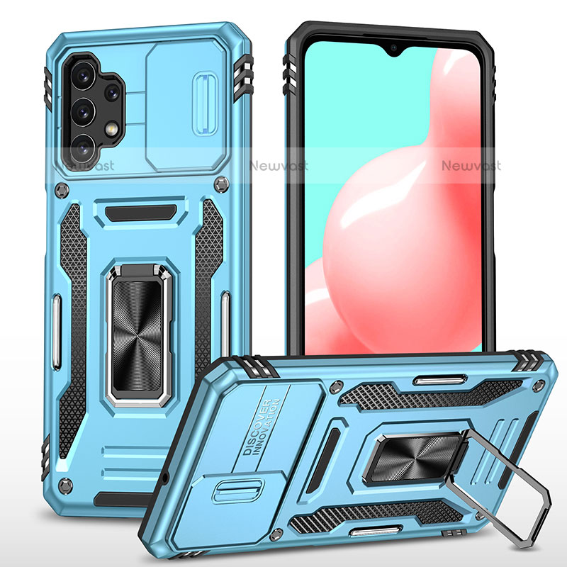 Silicone Matte Finish and Plastic Back Cover Case with Magnetic Finger Ring Stand MQ4 for Samsung Galaxy M32 5G Sky Blue