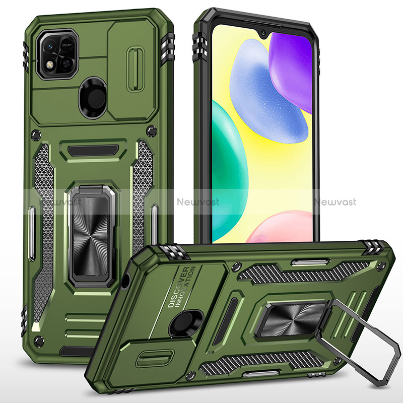 Silicone Matte Finish and Plastic Back Cover Case with Magnetic Finger Ring Stand MQ4 for Xiaomi POCO C3 Green