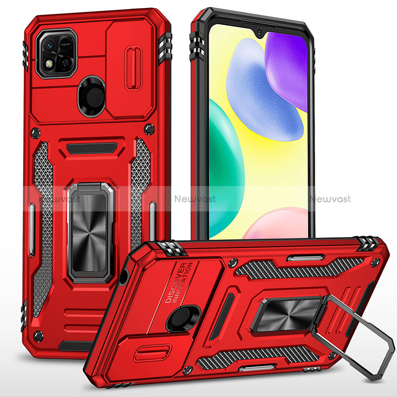 Silicone Matte Finish and Plastic Back Cover Case with Magnetic Finger Ring Stand MQ4 for Xiaomi POCO C3 Red