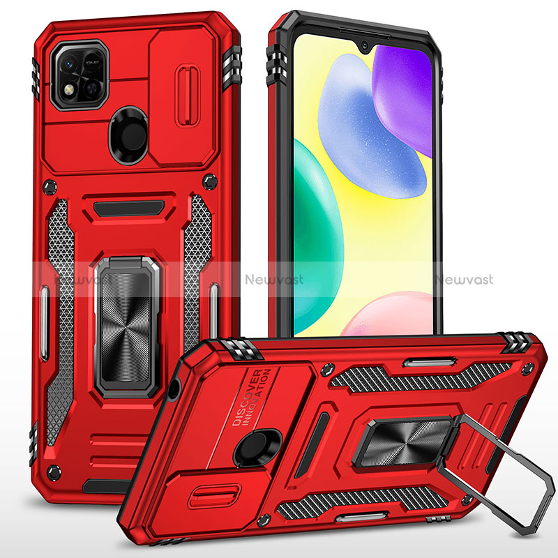 Silicone Matte Finish and Plastic Back Cover Case with Magnetic Finger Ring Stand MQ4 for Xiaomi POCO C31 Red