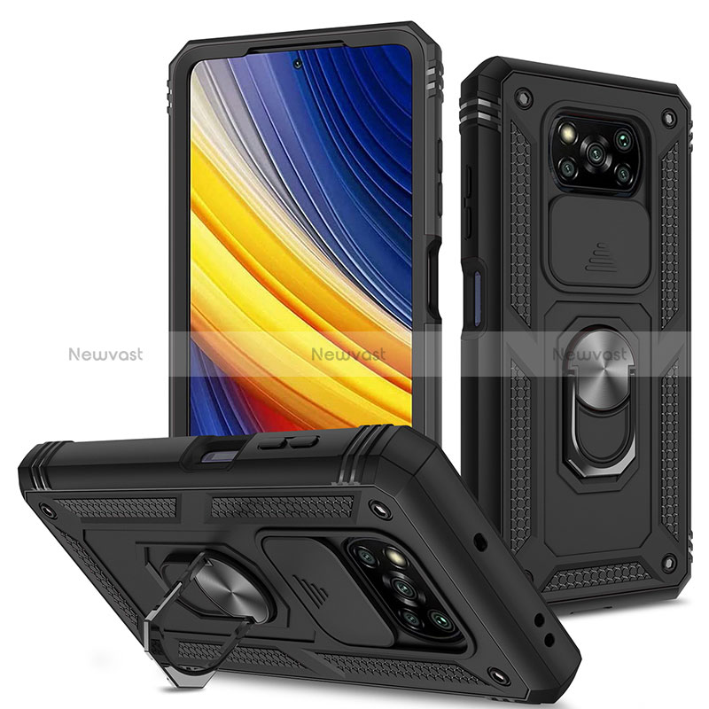 Silicone Matte Finish and Plastic Back Cover Case with Magnetic Finger Ring Stand MQ4 for Xiaomi Poco X3 Pro Black