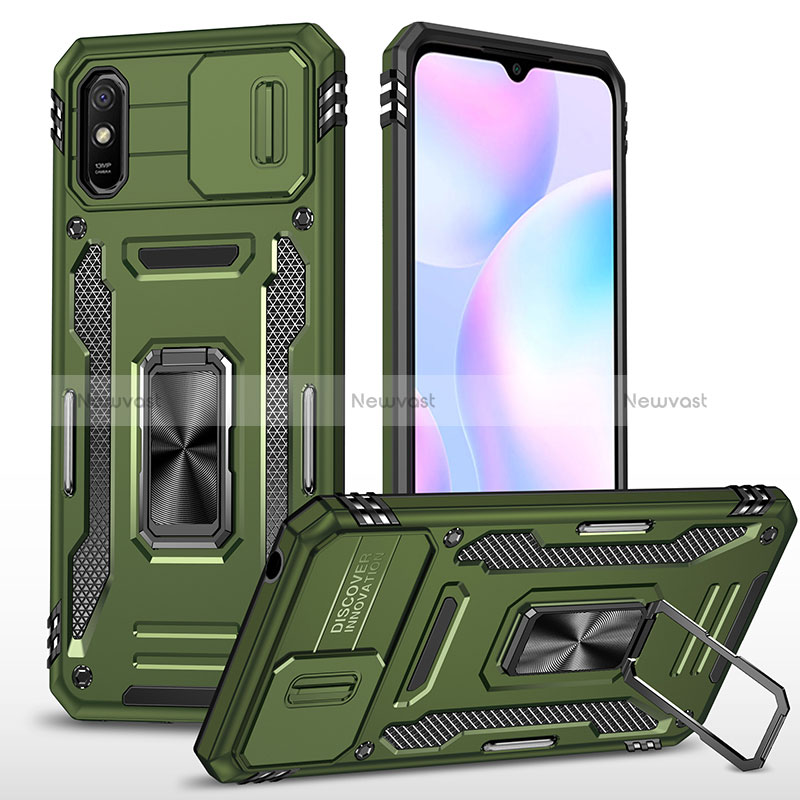 Silicone Matte Finish and Plastic Back Cover Case with Magnetic Finger Ring Stand MQ4 for Xiaomi Redmi 9A Green