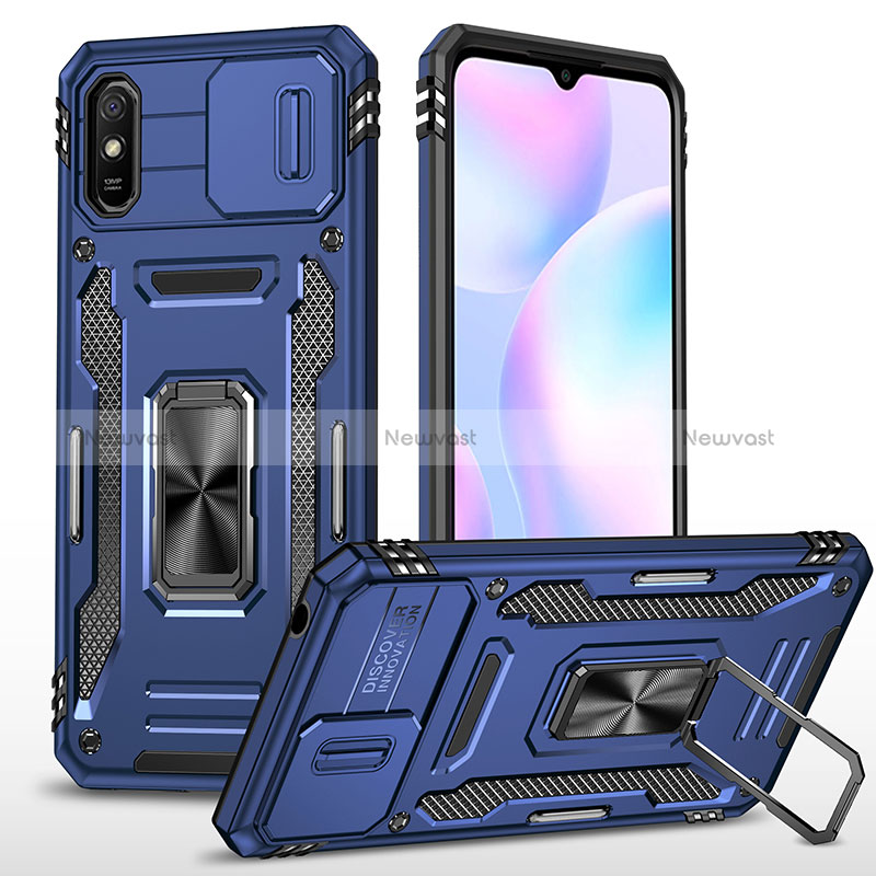 Silicone Matte Finish and Plastic Back Cover Case with Magnetic Finger Ring Stand MQ4 for Xiaomi Redmi 9AT Blue