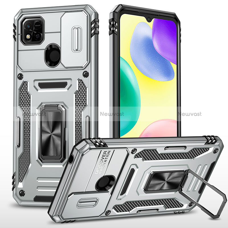 Silicone Matte Finish and Plastic Back Cover Case with Magnetic Finger Ring Stand MQ4 for Xiaomi Redmi 9C Silver