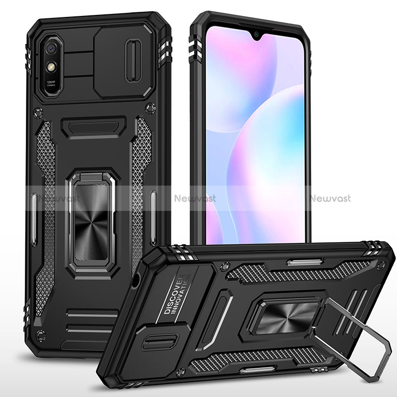 Silicone Matte Finish and Plastic Back Cover Case with Magnetic Finger Ring Stand MQ4 for Xiaomi Redmi 9i Black