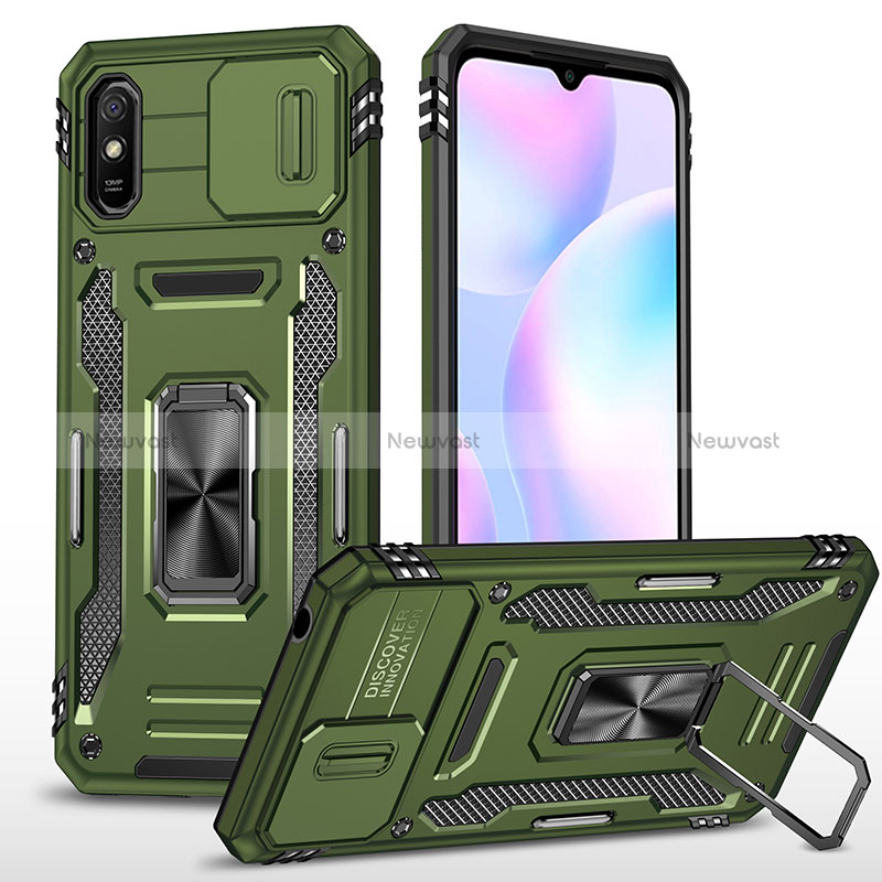 Silicone Matte Finish and Plastic Back Cover Case with Magnetic Finger Ring Stand MQ4 for Xiaomi Redmi 9i Green