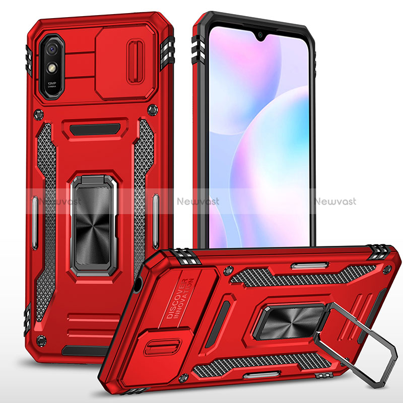 Silicone Matte Finish and Plastic Back Cover Case with Magnetic Finger Ring Stand MQ4 for Xiaomi Redmi 9i Red