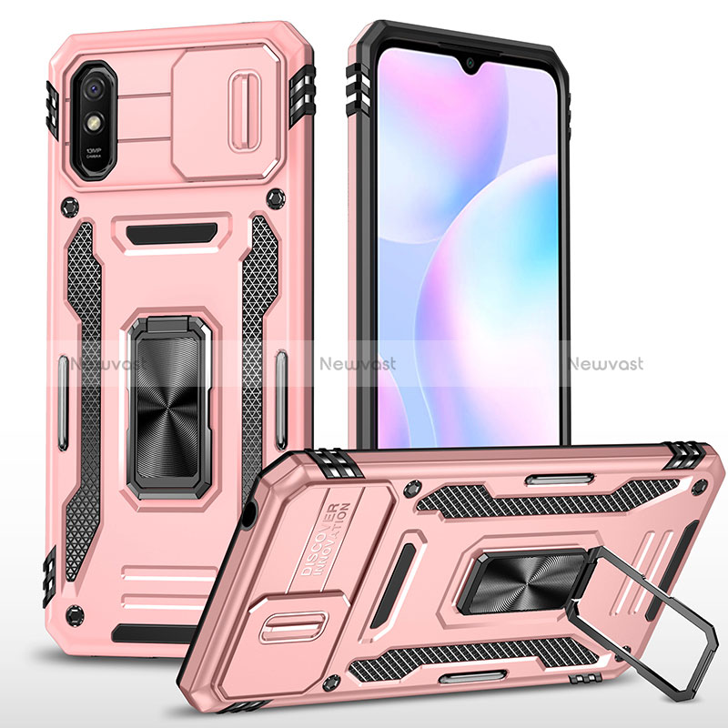 Silicone Matte Finish and Plastic Back Cover Case with Magnetic Finger Ring Stand MQ4 for Xiaomi Redmi 9i Rose Gold