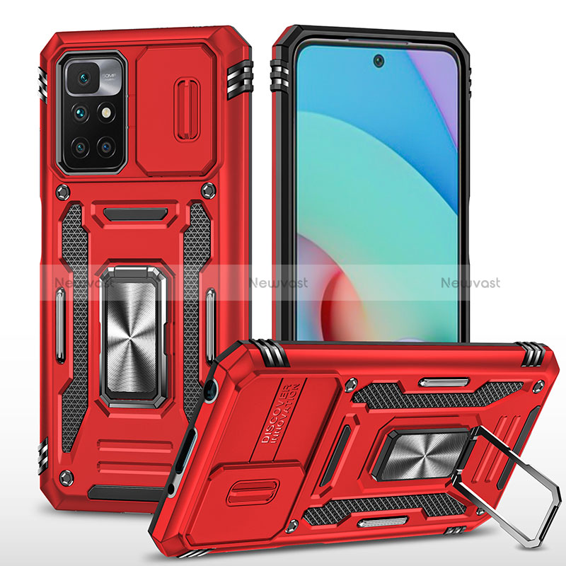 Silicone Matte Finish and Plastic Back Cover Case with Magnetic Finger Ring Stand MQ4 for Xiaomi Redmi Note 11 4G (2021) Red