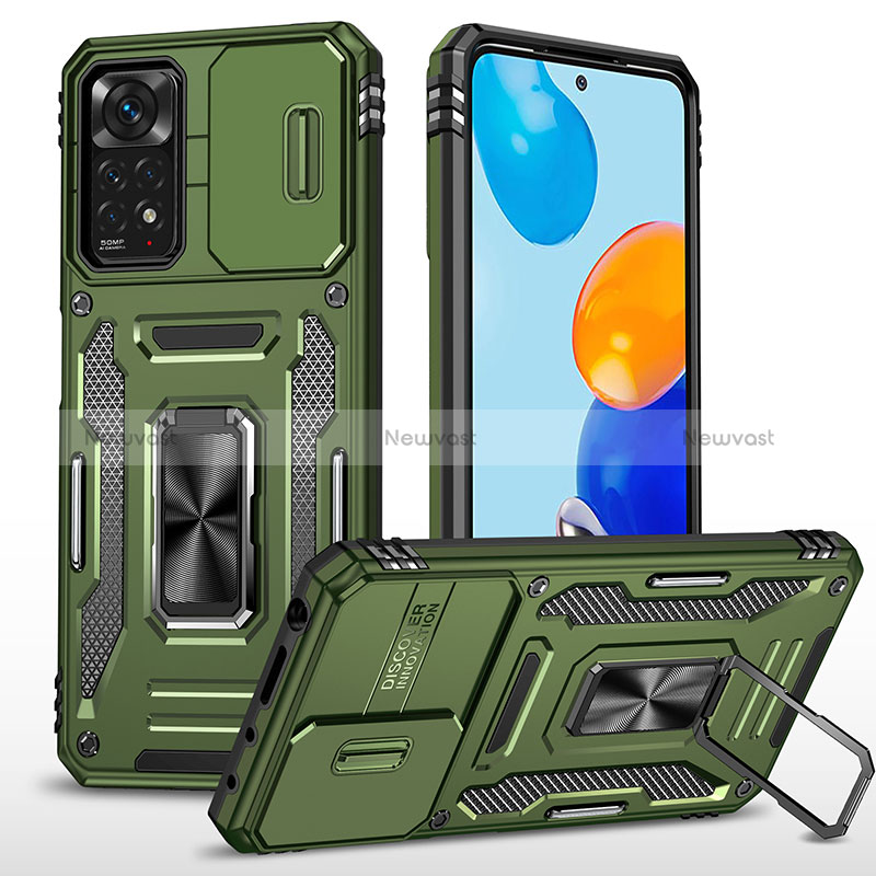 Silicone Matte Finish and Plastic Back Cover Case with Magnetic Finger Ring Stand MQ4 for Xiaomi Redmi Note 11 Pro 4G