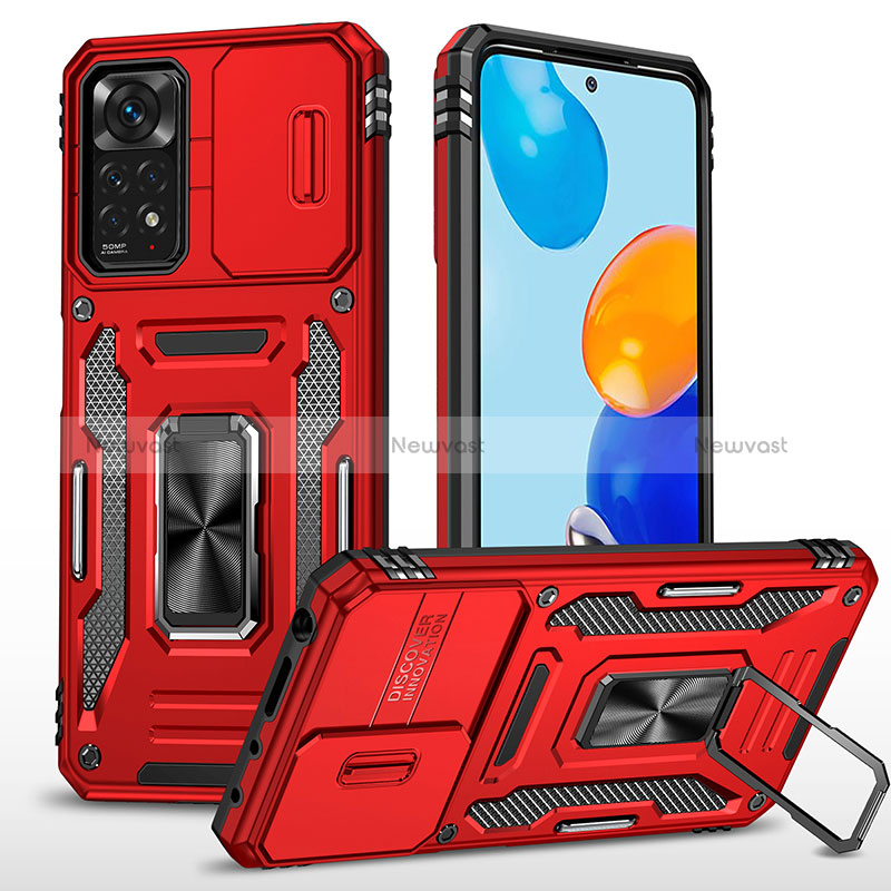 Silicone Matte Finish and Plastic Back Cover Case with Magnetic Finger Ring Stand MQ4 for Xiaomi Redmi Note 11 Pro 4G