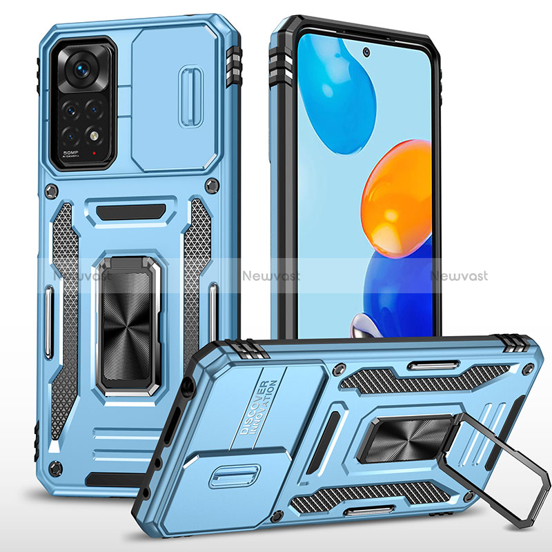 Silicone Matte Finish and Plastic Back Cover Case with Magnetic Finger Ring Stand MQ4 for Xiaomi Redmi Note 11 Pro 4G Sky Blue