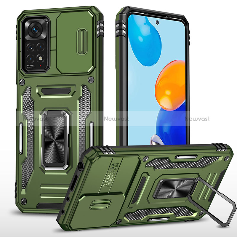 Silicone Matte Finish and Plastic Back Cover Case with Magnetic Finger Ring Stand MQ4 for Xiaomi Redmi Note 11 Pro 5G Green