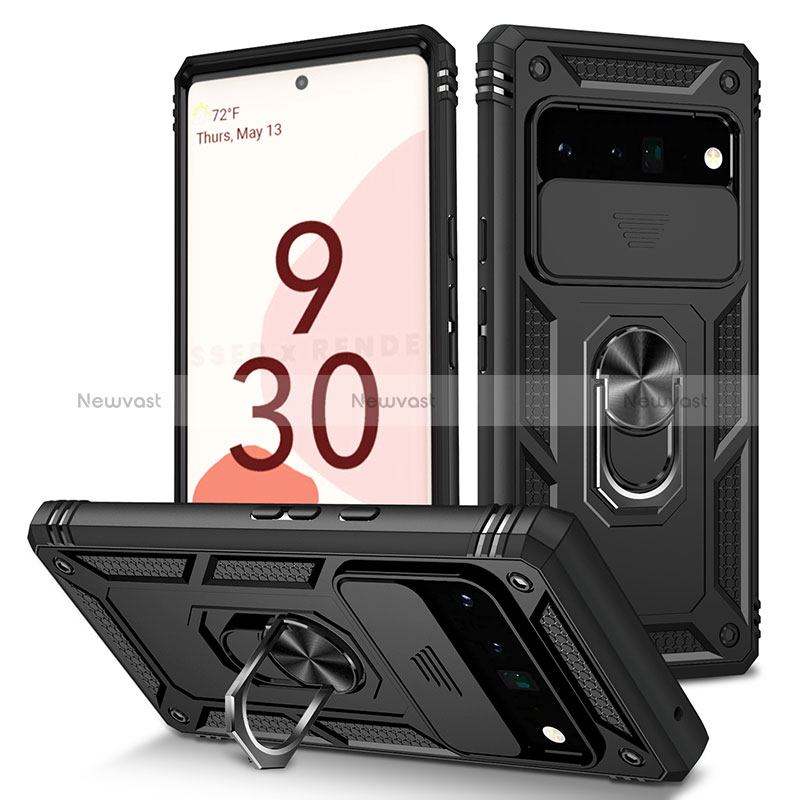 Silicone Matte Finish and Plastic Back Cover Case with Magnetic Finger Ring Stand MQ5 for Google Pixel 6 Pro 5G Black