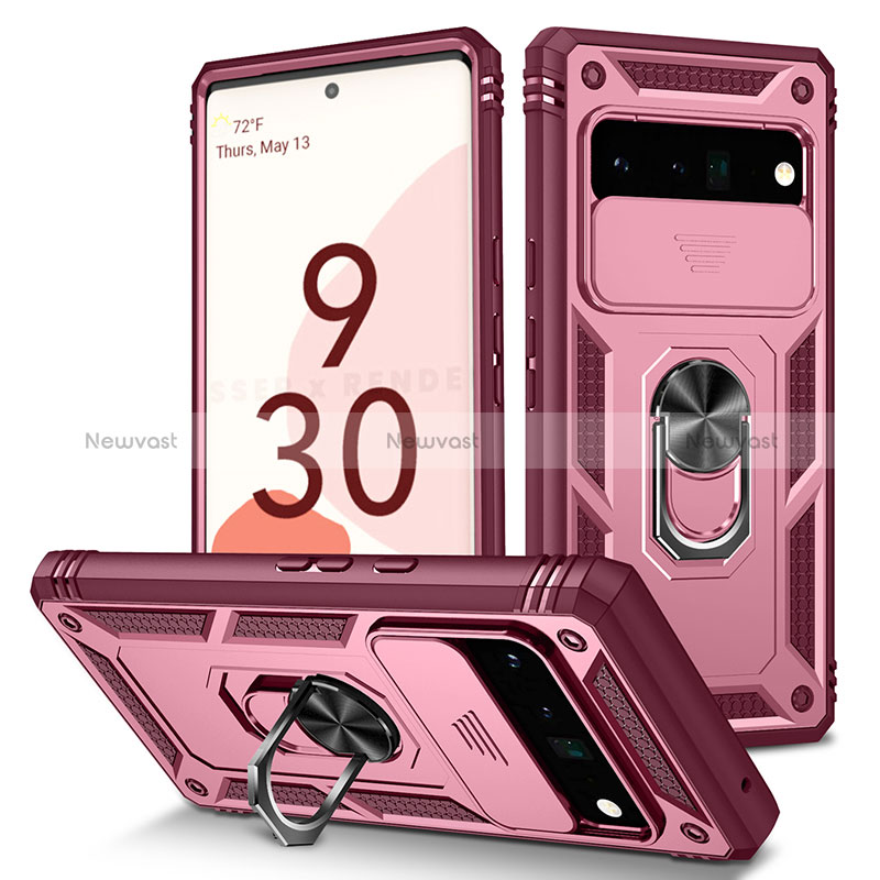 Silicone Matte Finish and Plastic Back Cover Case with Magnetic Finger Ring Stand MQ5 for Google Pixel 6 Pro 5G Hot Pink