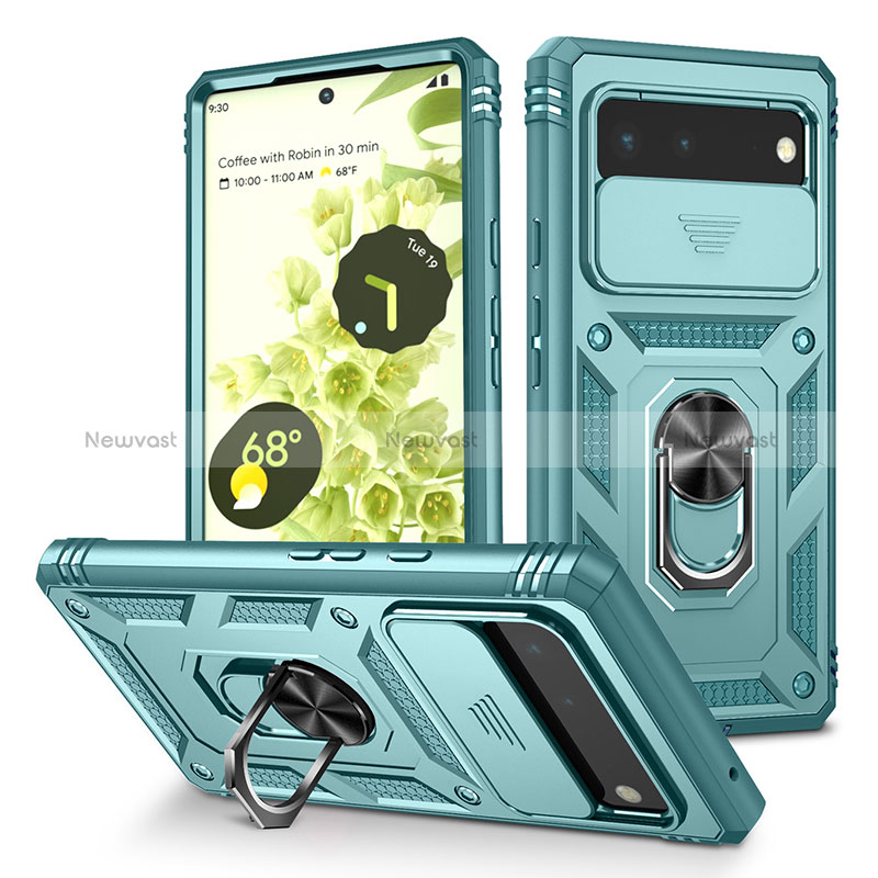 Silicone Matte Finish and Plastic Back Cover Case with Magnetic Finger Ring Stand MQ5 for Google Pixel 6 Pro 5G Mint Blue