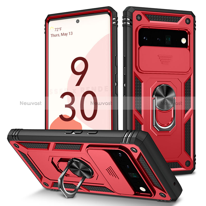 Silicone Matte Finish and Plastic Back Cover Case with Magnetic Finger Ring Stand MQ5 for Google Pixel 6 Pro 5G Red