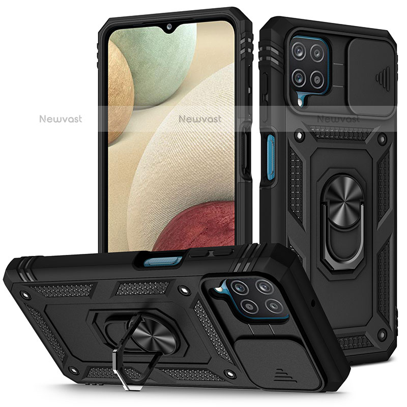 Silicone Matte Finish and Plastic Back Cover Case with Magnetic Finger Ring Stand MQ5 for Samsung Galaxy F12 Black