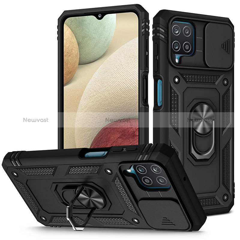 Silicone Matte Finish and Plastic Back Cover Case with Magnetic Finger Ring Stand MQ5 for Samsung Galaxy M12 Black