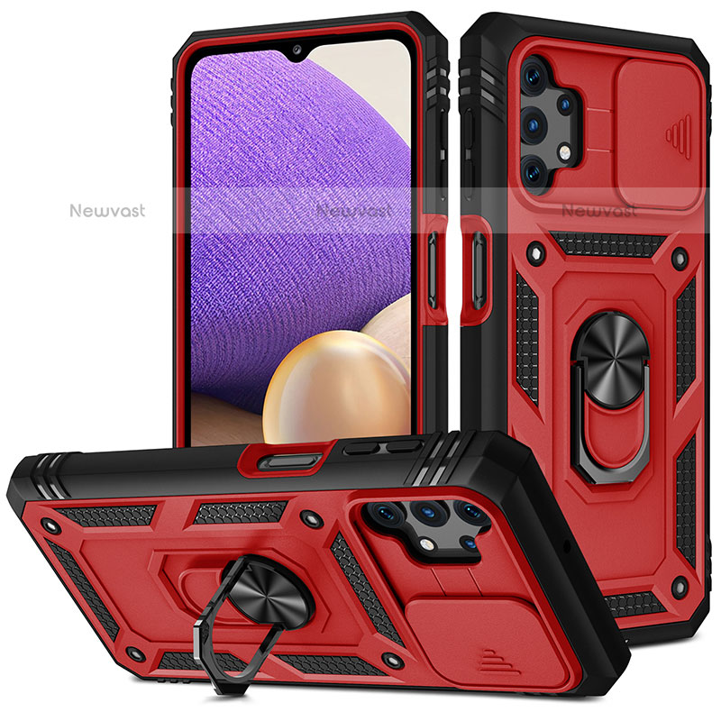 Silicone Matte Finish and Plastic Back Cover Case with Magnetic Finger Ring Stand MQ5 for Samsung Galaxy M32 5G Red