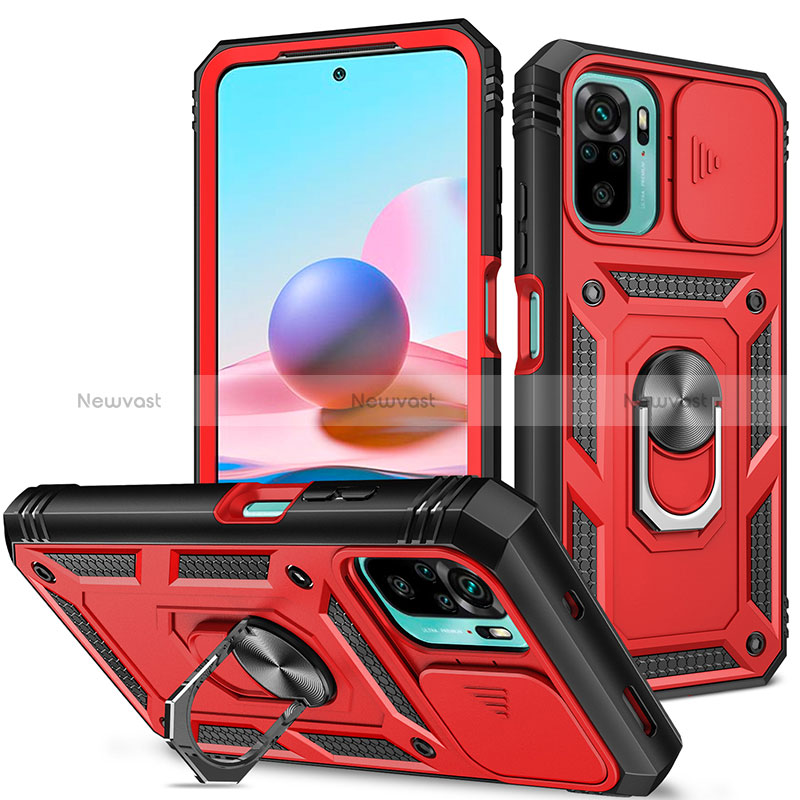 Silicone Matte Finish and Plastic Back Cover Case with Magnetic Finger Ring Stand MQ5 for Xiaomi Poco M5S Red