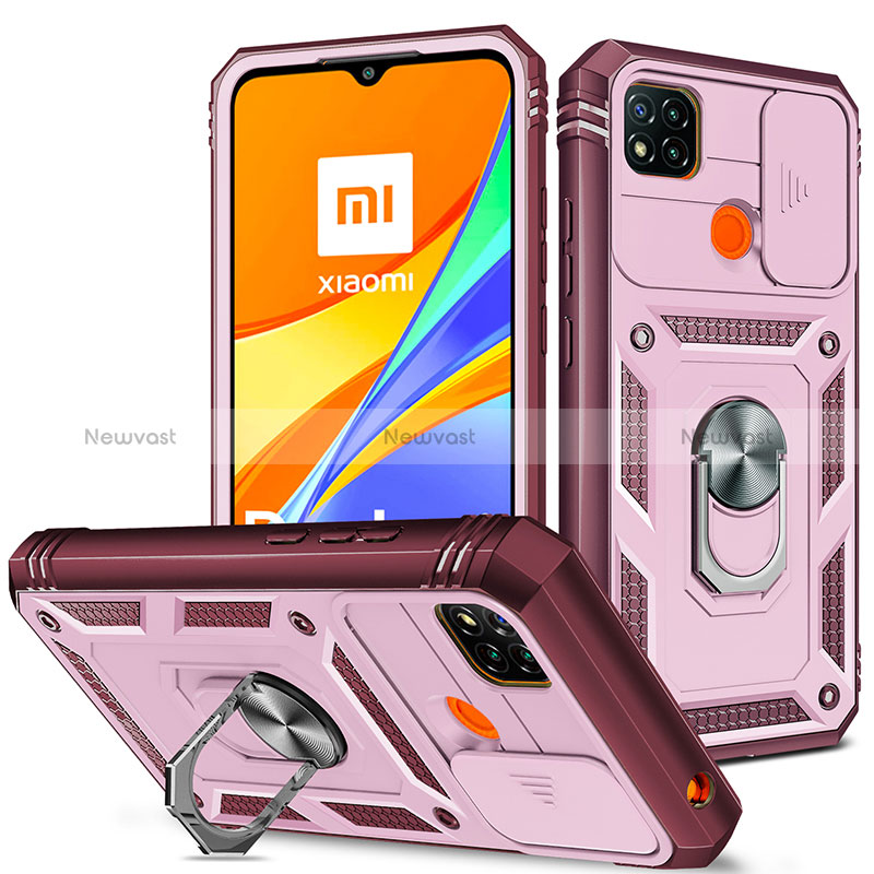 Silicone Matte Finish and Plastic Back Cover Case with Magnetic Finger Ring Stand MQ5 for Xiaomi Redmi 9 India Pink