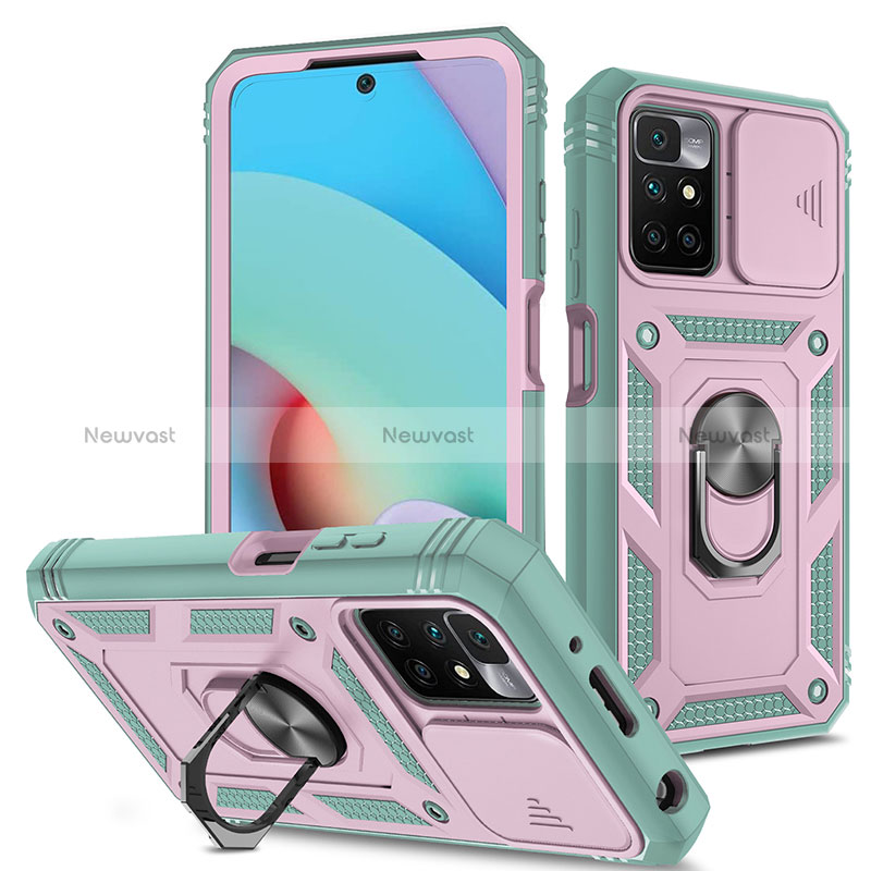 Silicone Matte Finish and Plastic Back Cover Case with Magnetic Finger Ring Stand MQ5 for Xiaomi Redmi Note 11 4G (2021) Pink