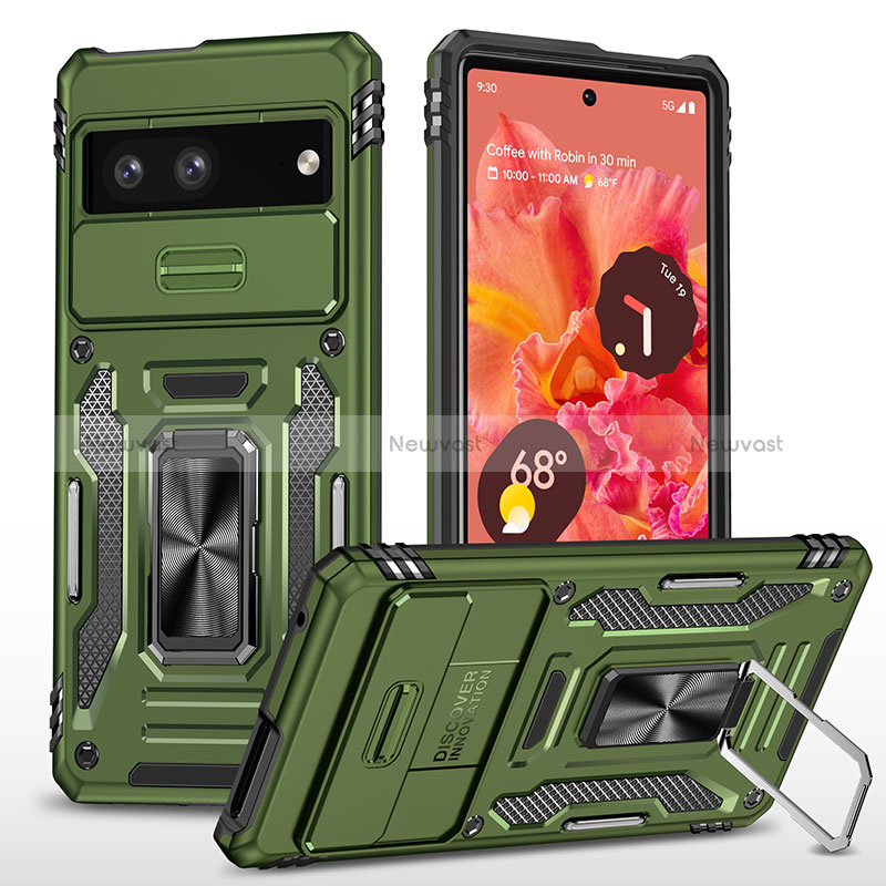 Silicone Matte Finish and Plastic Back Cover Case with Magnetic Finger Ring Stand MQ6 for Google Pixel 7 5G Green