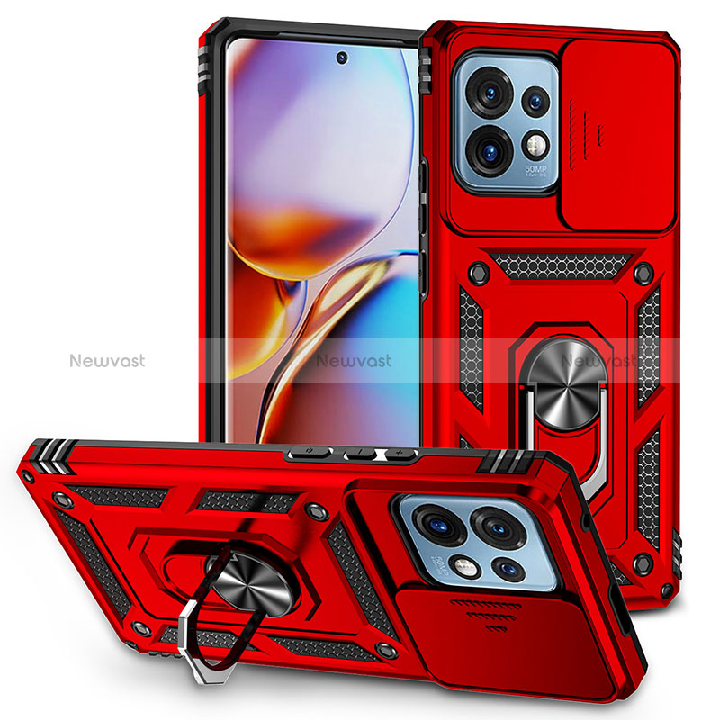 Silicone Matte Finish and Plastic Back Cover Case with Magnetic Finger Ring Stand MQ6 for Motorola Moto Edge Plus (2023) 5G Red