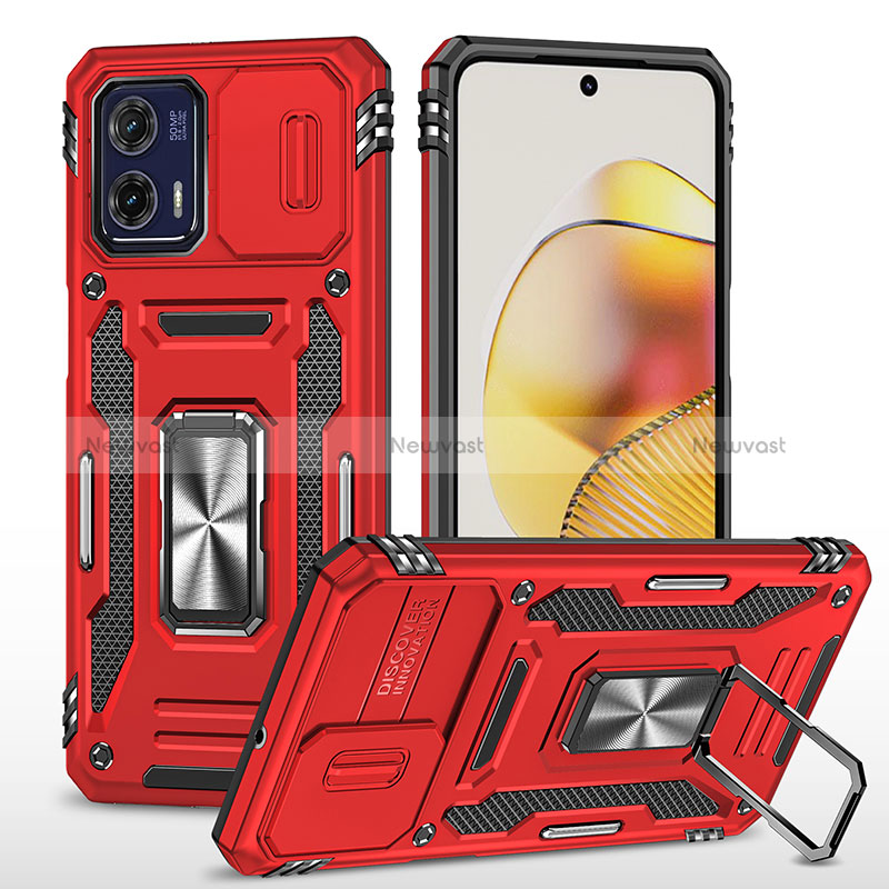 Silicone Matte Finish and Plastic Back Cover Case with Magnetic Finger Ring Stand MQ6 for Motorola Moto G73 5G