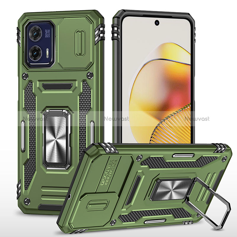 Silicone Matte Finish and Plastic Back Cover Case with Magnetic Finger Ring Stand MQ6 for Motorola Moto G73 5G Green