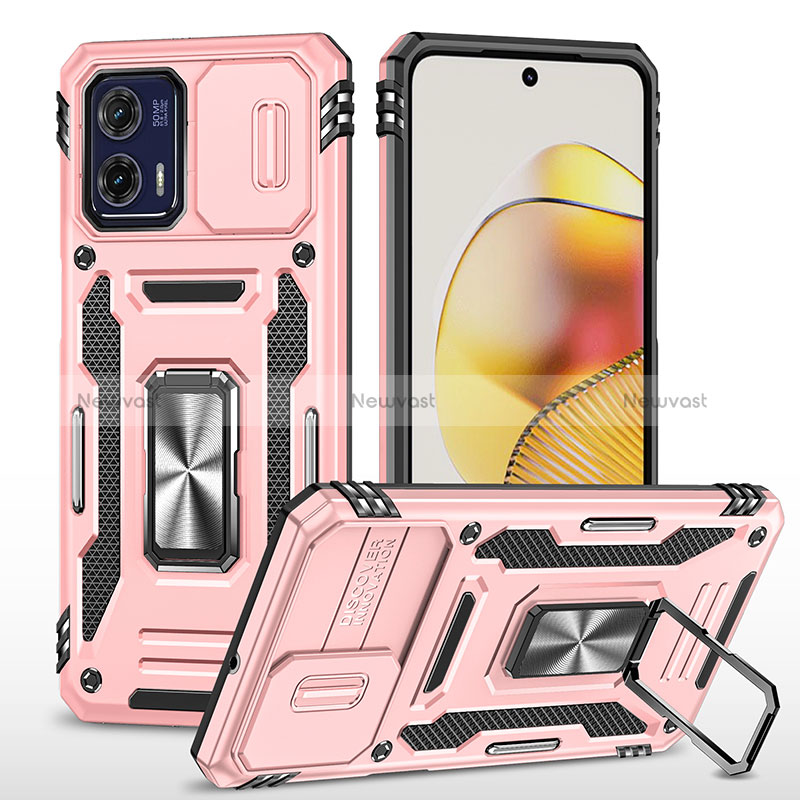 Silicone Matte Finish and Plastic Back Cover Case with Magnetic Finger Ring Stand MQ6 for Motorola Moto G73 5G Rose Gold