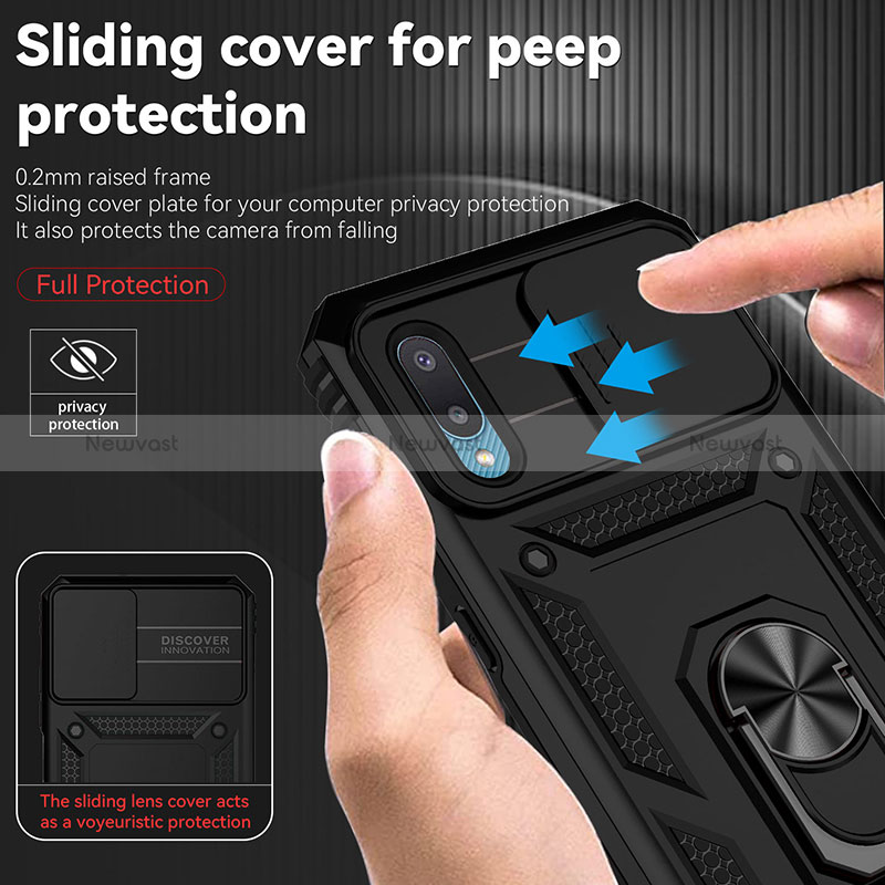 Silicone Matte Finish and Plastic Back Cover Case with Magnetic Finger Ring Stand MQ6 for Samsung Galaxy A02