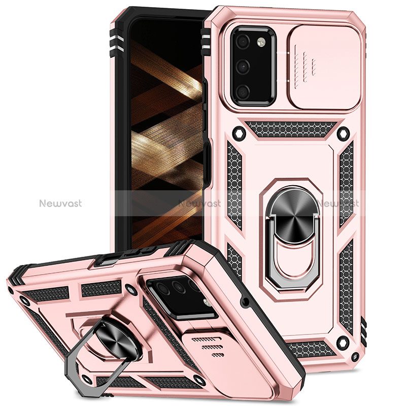 Silicone Matte Finish and Plastic Back Cover Case with Magnetic Finger Ring Stand MQ6 for Samsung Galaxy A02s Rose Gold