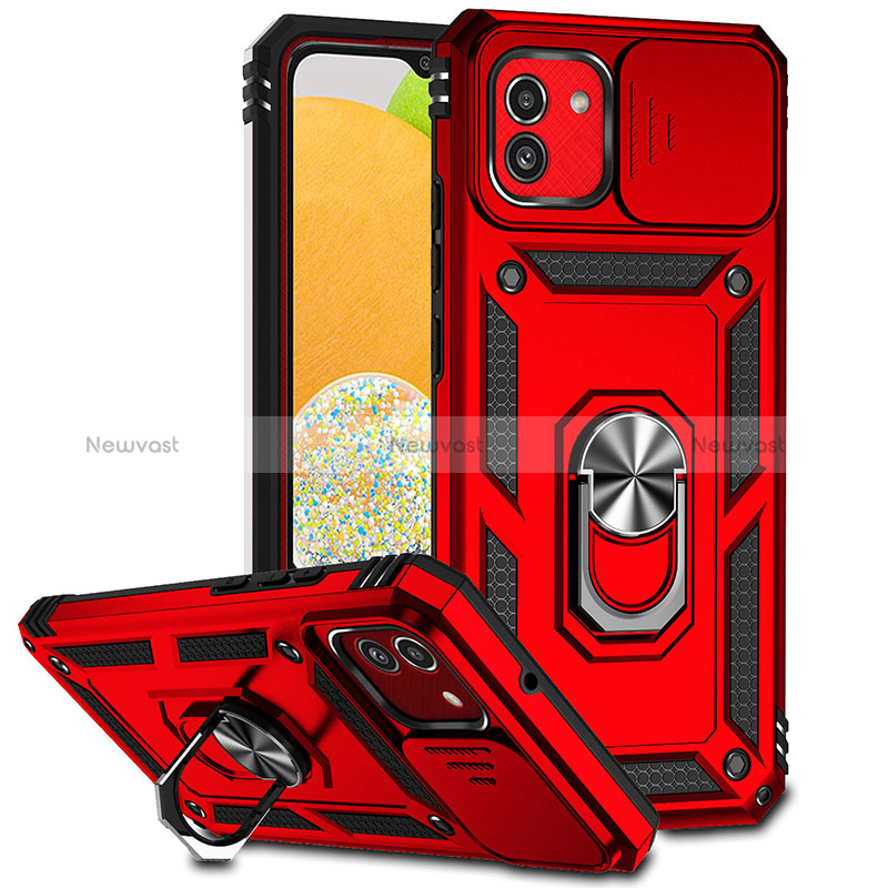 Silicone Matte Finish and Plastic Back Cover Case with Magnetic Finger Ring Stand MQ6 for Samsung Galaxy A03 Red