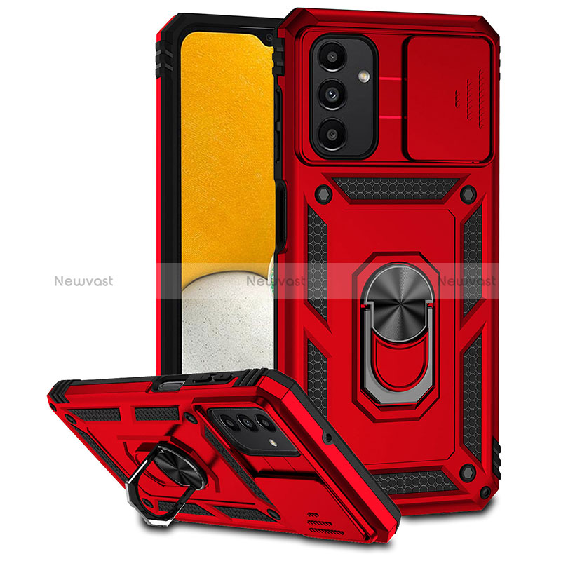 Silicone Matte Finish and Plastic Back Cover Case with Magnetic Finger Ring Stand MQ6 for Samsung Galaxy A04s Red