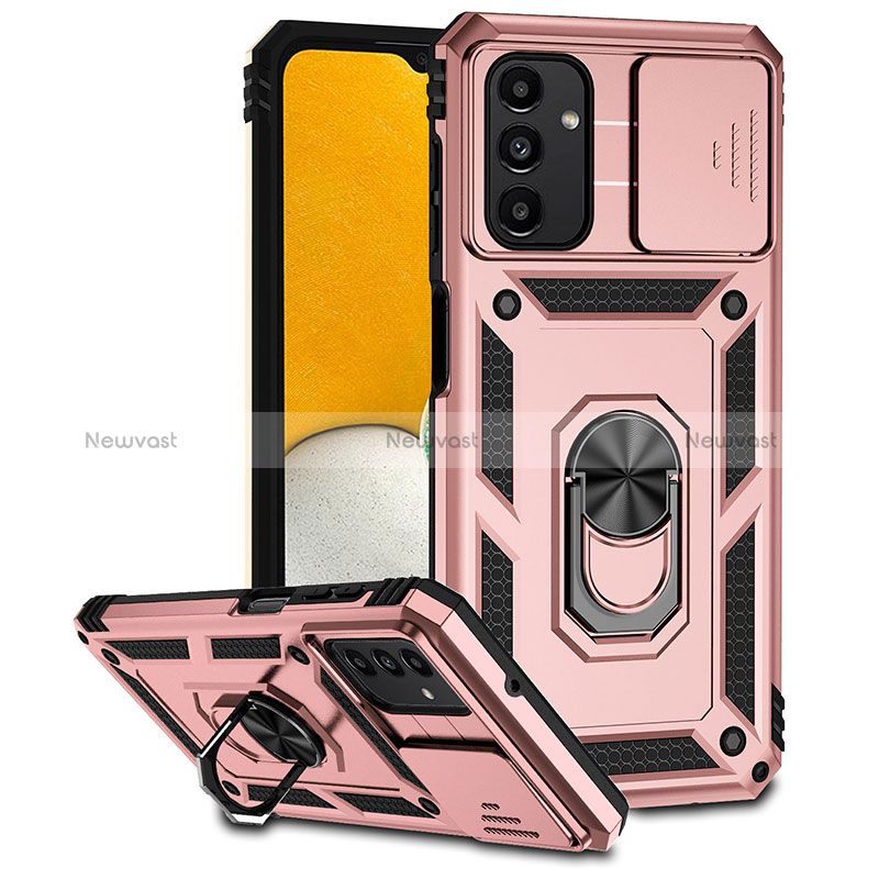 Silicone Matte Finish and Plastic Back Cover Case with Magnetic Finger Ring Stand MQ6 for Samsung Galaxy A04s Rose Gold