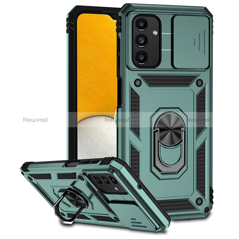 Silicone Matte Finish and Plastic Back Cover Case with Magnetic Finger Ring Stand MQ6 for Samsung Galaxy A13 5G Green
