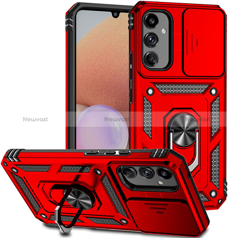 Silicone Matte Finish and Plastic Back Cover Case with Magnetic Finger Ring Stand MQ6 for Samsung Galaxy A14 4G Red