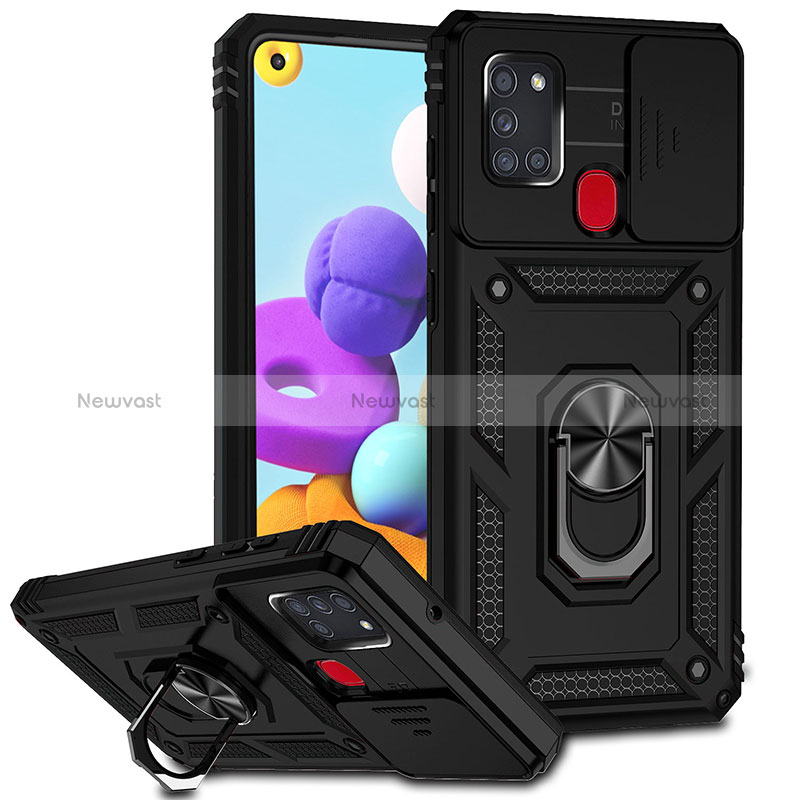 Silicone Matte Finish and Plastic Back Cover Case with Magnetic Finger Ring Stand MQ6 for Samsung Galaxy A21s Black