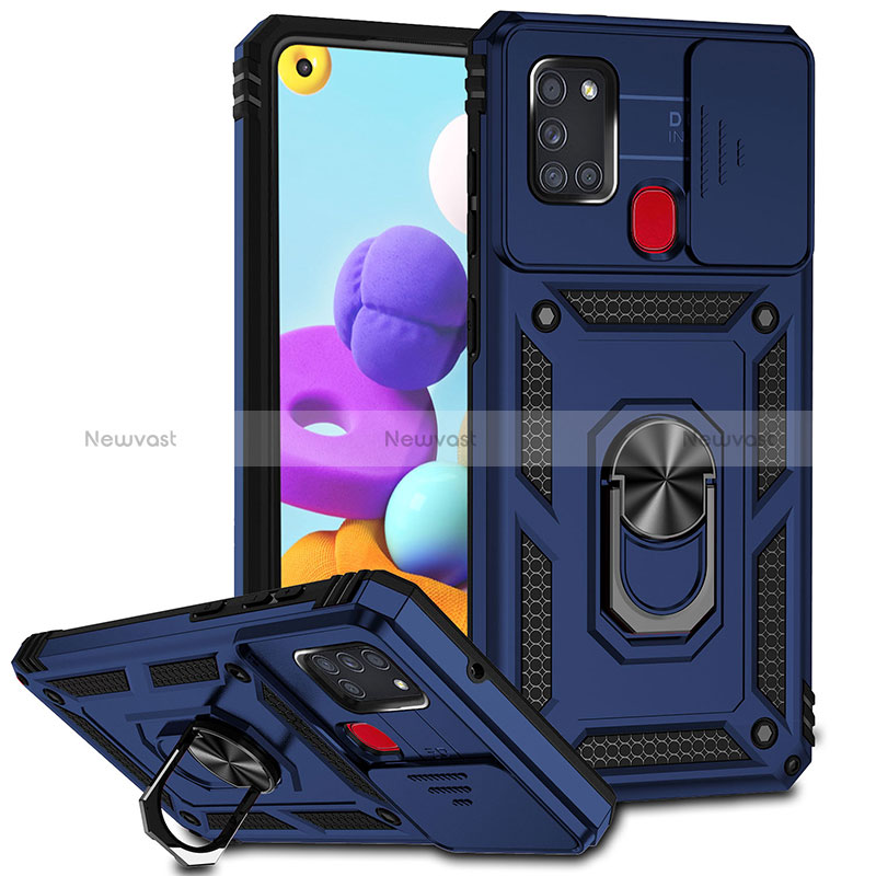 Silicone Matte Finish and Plastic Back Cover Case with Magnetic Finger Ring Stand MQ6 for Samsung Galaxy A21s Blue