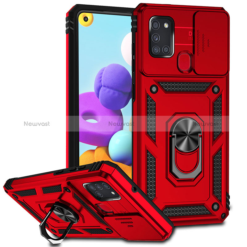 Silicone Matte Finish and Plastic Back Cover Case with Magnetic Finger Ring Stand MQ6 for Samsung Galaxy A21s Red