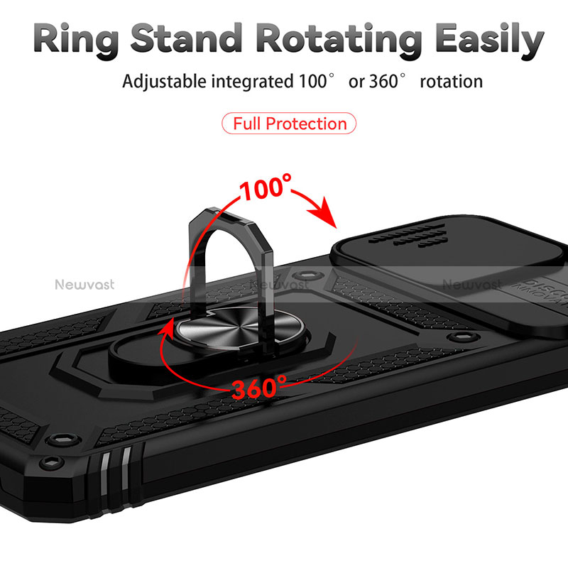 Silicone Matte Finish and Plastic Back Cover Case with Magnetic Finger Ring Stand MQ6 for Samsung Galaxy A22 4G