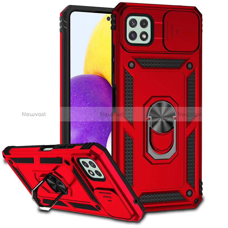 Silicone Matte Finish and Plastic Back Cover Case with Magnetic Finger Ring Stand MQ6 for Samsung Galaxy A22 5G Red